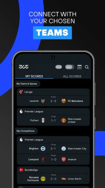 365Scores My Scores section. Follow LaLiga, Premier League, Bundesliga.