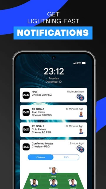 365Scores lightning-fast notifications. Goals, lineups, match results.