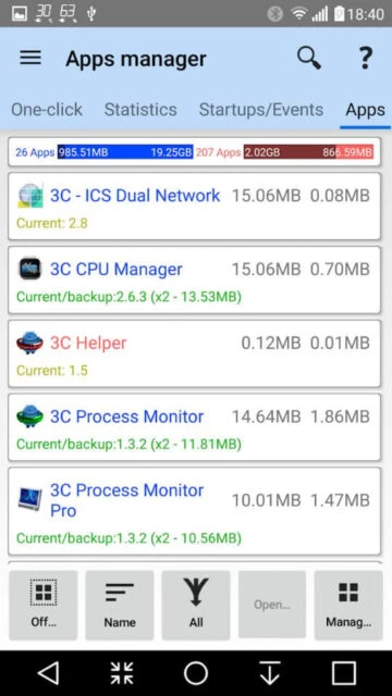 3C All-in-One Apps Manager lists 26 apps 985.5MB used with size backup version details