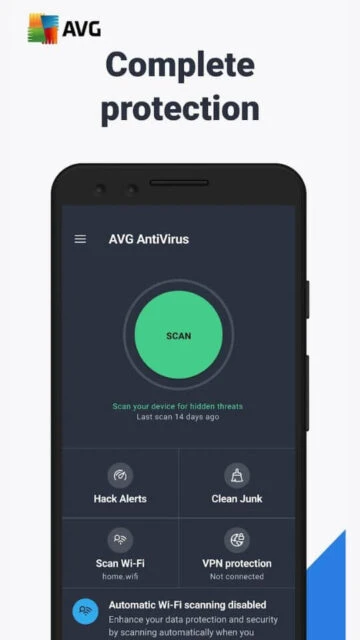 AVG Complete protection with scan hack alerts clean junk Wi-Fi scan VPN not connected