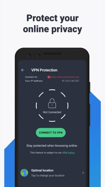 AVG Protect online privacy with VPN protection connect button and IP address display