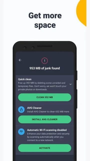 AVG Get more space 953 MB junk found with quick clean install cleaner activate Wi-Fi scan