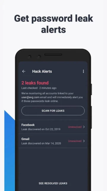 AVG Get password leak alerts for Facebook Gmail with scan button and unresolved status