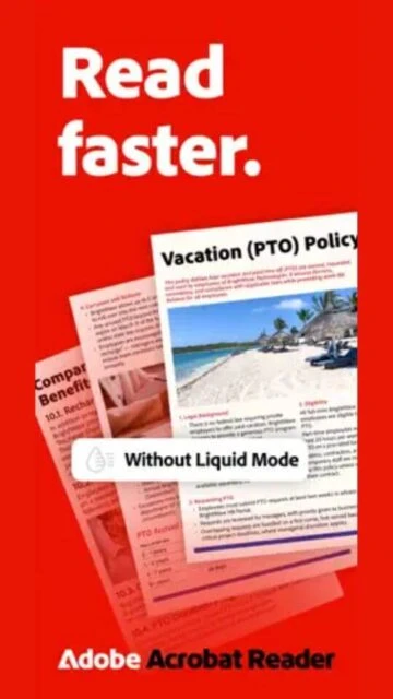 Adobe Acrobat Reader reads faster with Liquid Mode optimized layout for complex documents