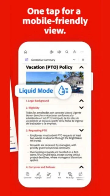 Adobe Acrobat Reader Liquid Mode gives mobile-friendly view of PTO policy with easy navigation