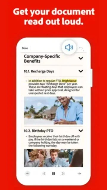 Adobe Acrobat Reader reads documents aloud like company benefits policies for hands-free access