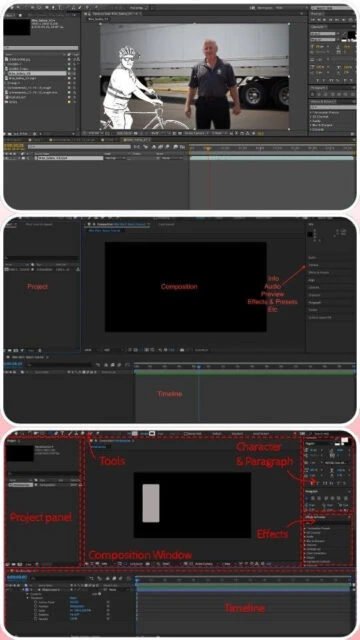 Adobe After Effects panels. Project, Composition, Timeline, Tools.