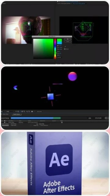 Adobe After Effects color picker, shapes, and software box art.