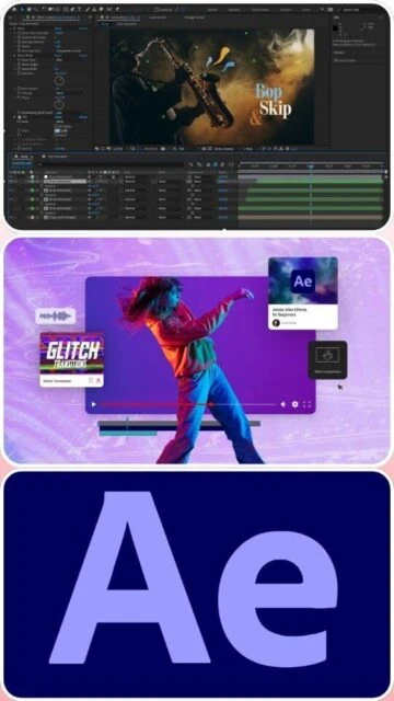Adobe After Effects projects. Saxophone video, glitch transitions.