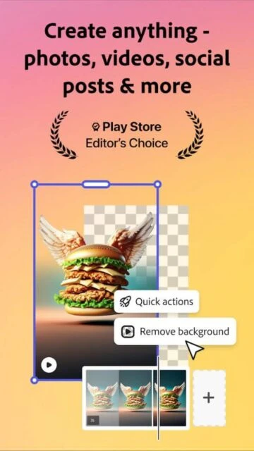 Adobe Express editor with flying hamburger design and background removal tool