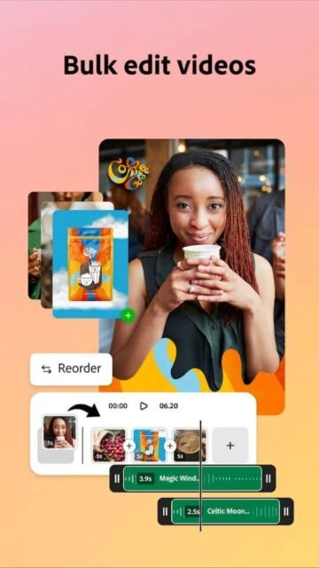 Adobe Express video editing interface with timeline and multiple clip options