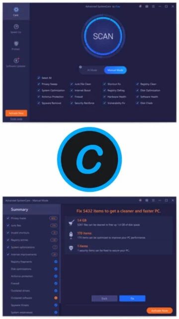 Advanced SystemCare Free interface with SCAN button and tools list.