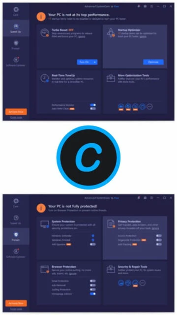 Advanced SystemCare Speed Up & Protect panels. PC performance alerts.