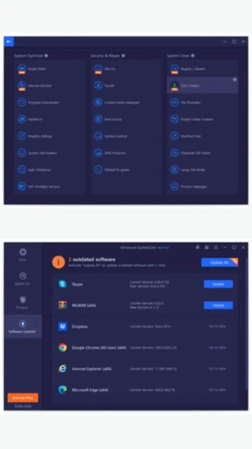 Advanced SystemCare modules: Optimize, Security, Clean, Software Update.