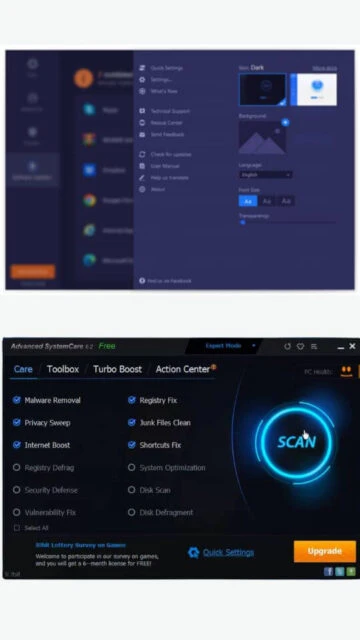 Advanced SystemCare settings & expert mode with SCAN button shown.