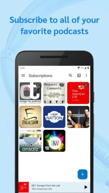 AntennaPod subscriptions. Manage favorite shows like This American Life.