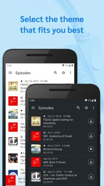AntennaPod theme selection. Light & dark mode for episodes.
