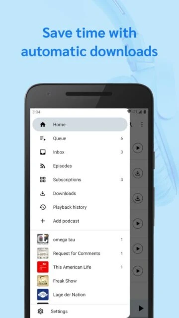 AntennaPod automatic downloads. Save time, queue, inbox, settings.