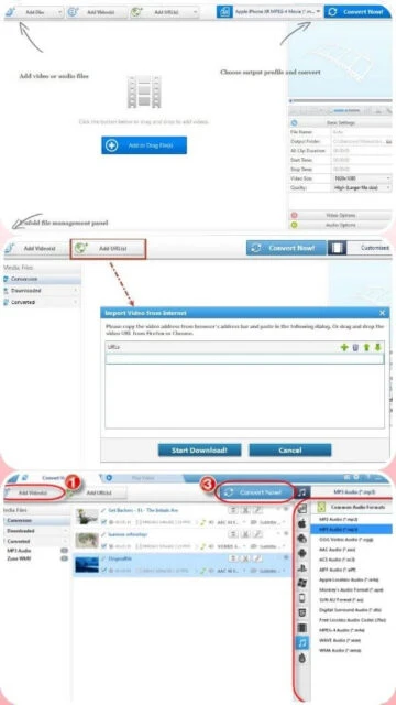Any Video Converter Free interface: add files, URL import, format selection.