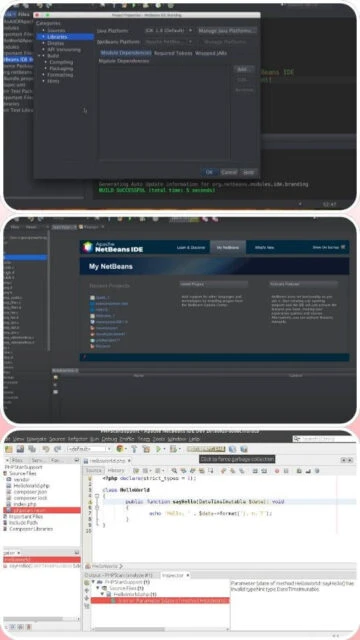 NetBeans IDE project properties, welcome dashboard, and PHP code with error highlighting.