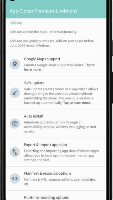 App Cloner Add-ons include Google Maps, auto install, data export.