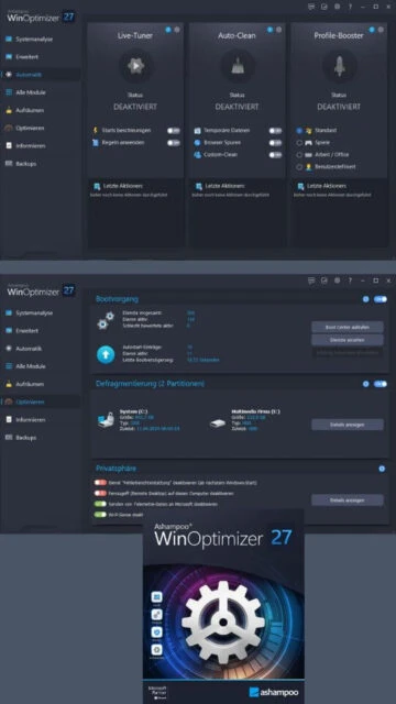 Ashampoo WinOptimizer 27 interface with Live-Tuner, Auto-Clean tools.