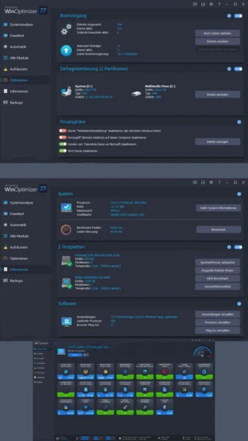 Ashampoo WinOptimizer 27 showing boot, defrag, system info panels.