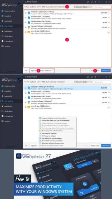 Ashampoo WinOptimizer 27 Drive Cleaner marking files for deletion.