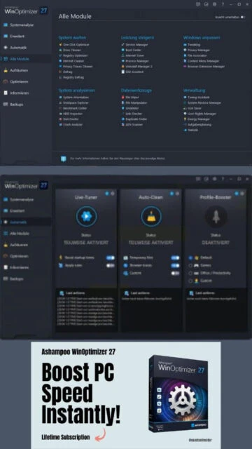 Ashampoo WinOptimizer 27 All Modules view. Boost PC Speed instantly.