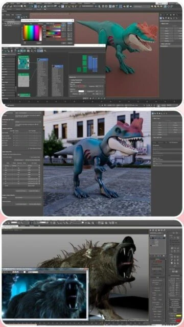 Autodesk 3ds Max texture mapping animation rigging for dinosaur monster models with material editor