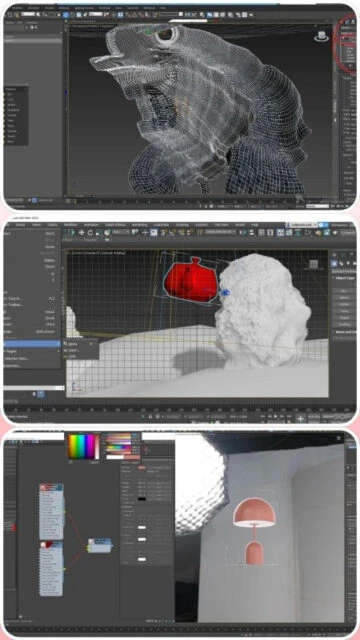 Autodesk 3ds Max modeling sculpting lighting with wireframe mesh node editor and render preview