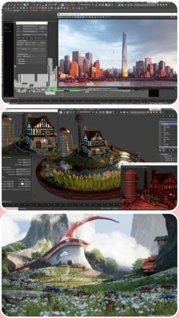 Autodesk 3ds Max cityscape landscape architecture with procedural textures and environment rendering