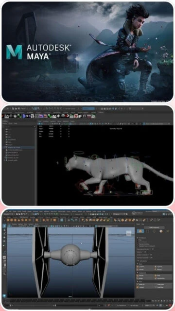 Autodesk Maya branding, a 3D animal model, and a TIE fighter model in the software.
