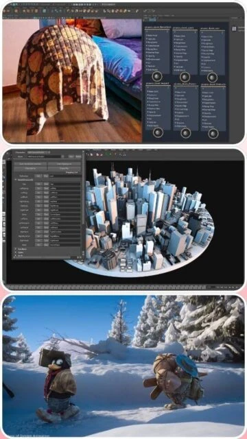Autodesk Maya displaying a 3D interior, a city model, and a snowy animation scene.
