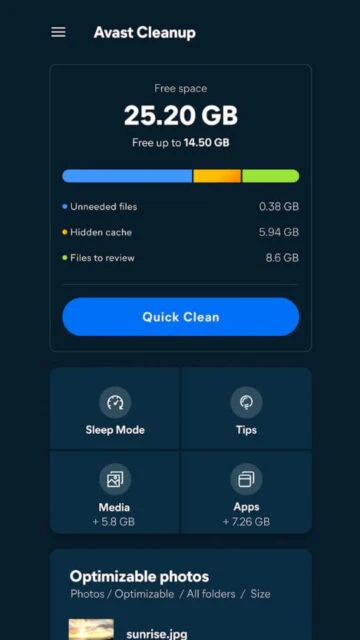 Avast Cleanup frees 25.20 GB with quick clean sleep mode media apps optimization tools