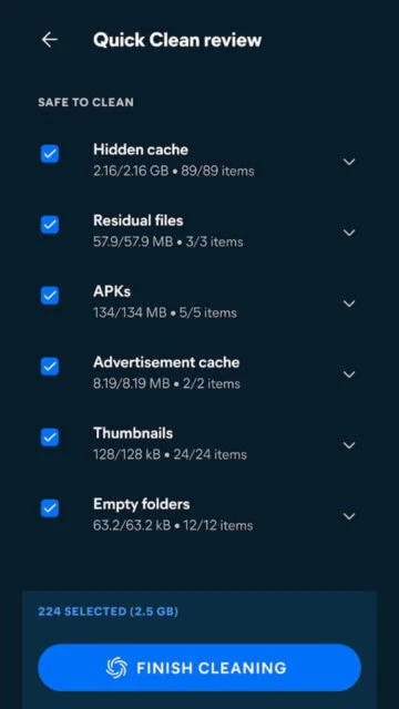 Avast Cleanup Quick Clean review selects hidden cache APKs thumbnails for safe removal 2.5GB