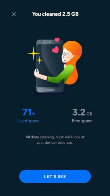 Avast Cleanup freed 2.5 GB space with 3.2 GB free now and 71% used space shown on screen