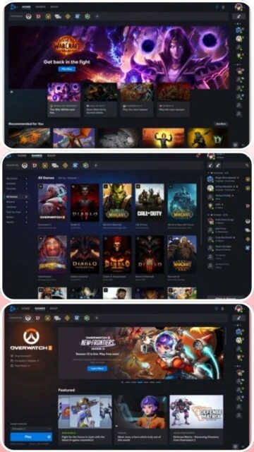Battle.net home screen World of Warcraft Overwatch 2 recommended games and friends list