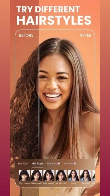 Different hairstyles on a woman in a photo with BeautyPlus app tools.