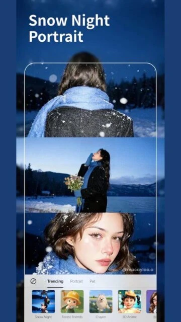 Aesthetic snowy night portrait effect on a model's photo from BeautyPlus.