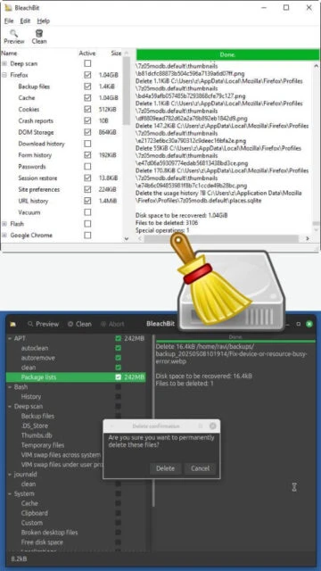 BleachBit previewing Firefox, Chrome data. Delete confirmation dialog.