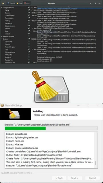BleachBit interface listing files for deletion. Setup installing app.
