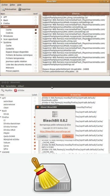 BleachBit: system cleaning, version details.