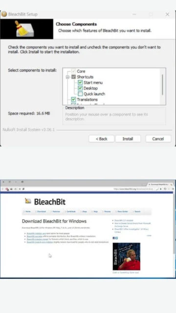 BleachBit setup choosing components. Website download page shown.