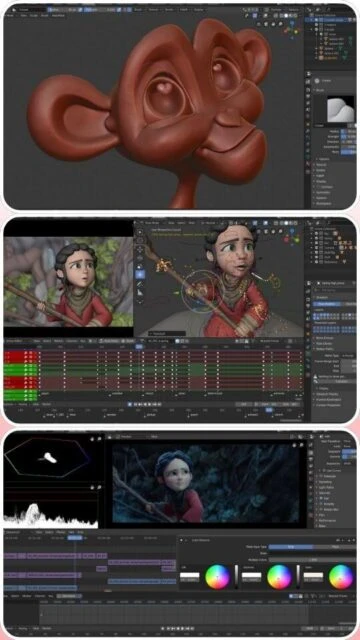 Blender sculpting animation video editing color grading for characters and scenes