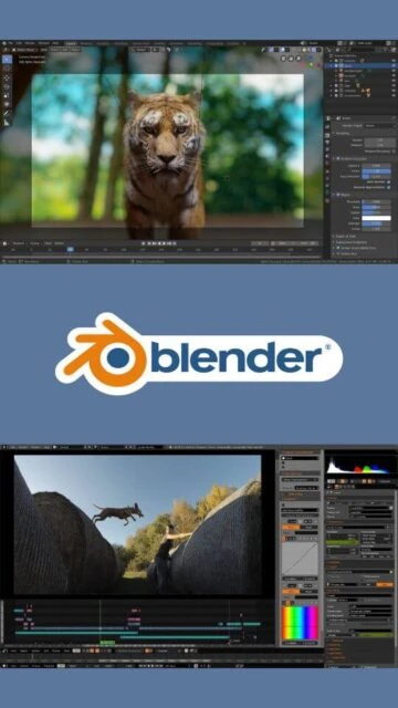 Blender editing tiger photo & dog scene. Logo centered on blue.