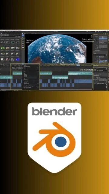 Blender interface showing Earth model, tools, timeline. Logo below.