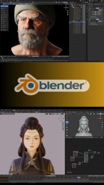 Blender sculpting detailed male face & female character. Logo.