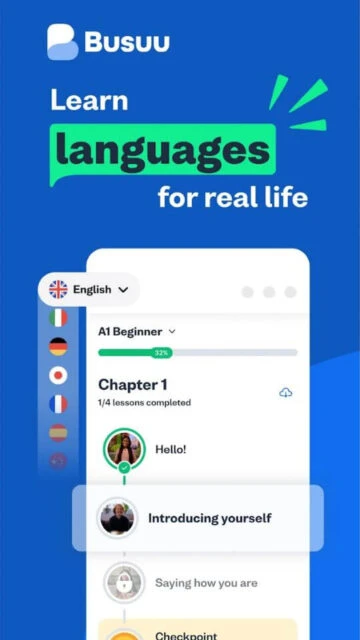 Busuu real life English A1 start Chapter 1 Hello and introducing yourself with progress tracking