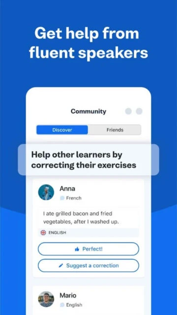 Busuu Community helps learners correct exercises like Annas French sentence for mutual improvement